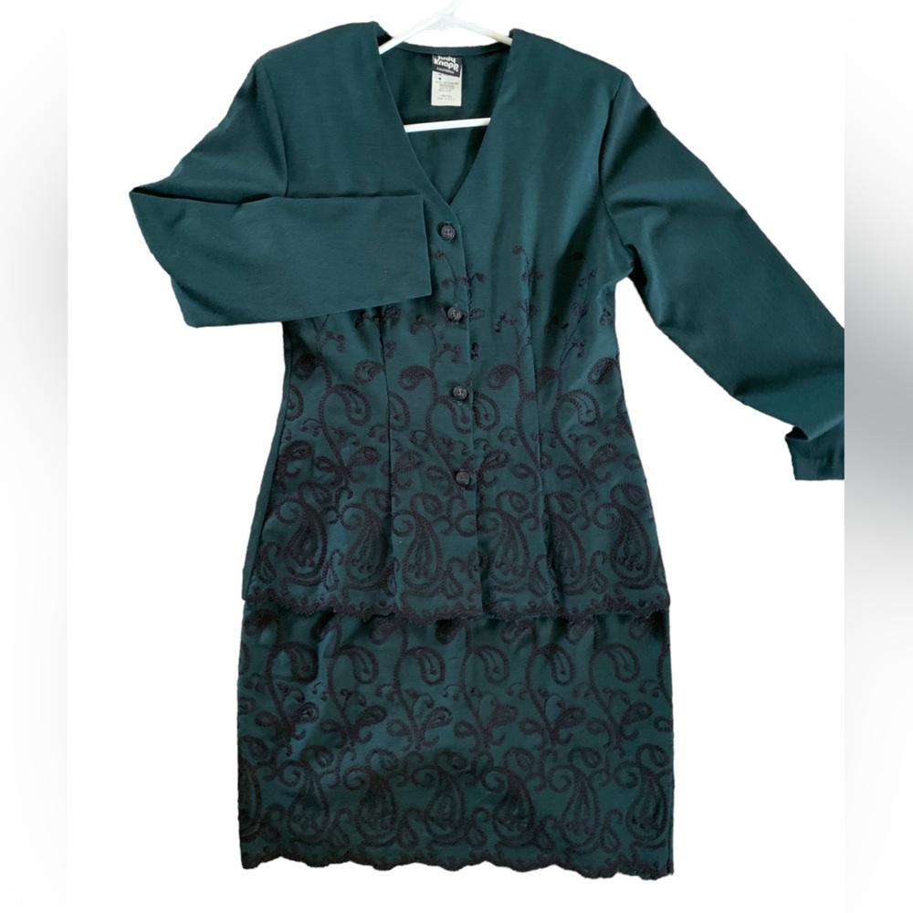 Vintage Y2K Green Black Embroidered Blazer and Skirt Career Suit Women Size M